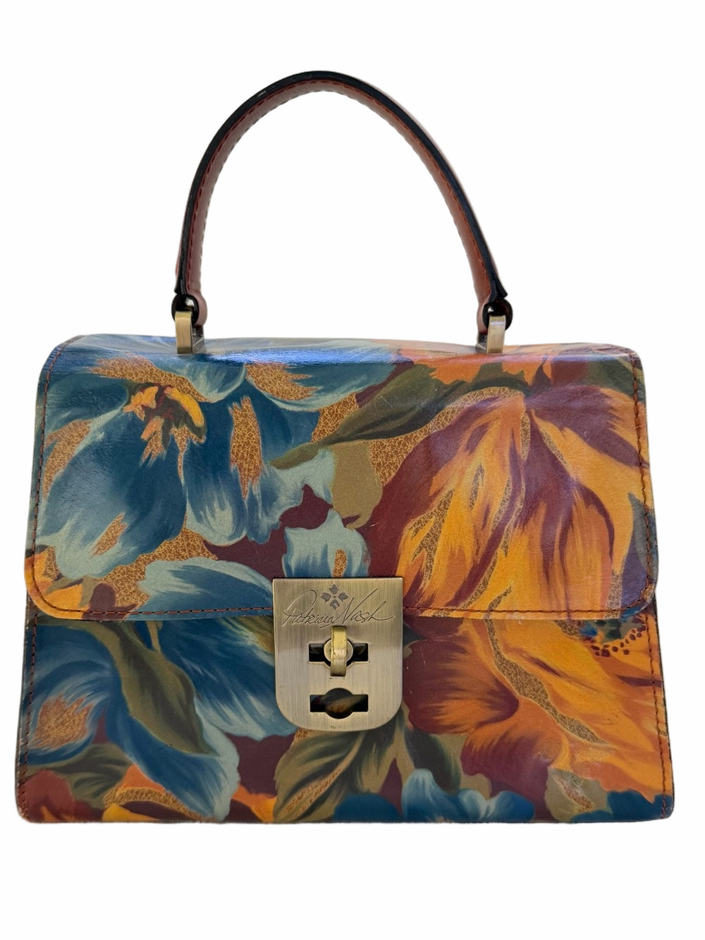 Patricia Nash Leather Carisbrooke Satchel Crossbody Marigold Harvest Blue Yellow - Picture 2 of 15
